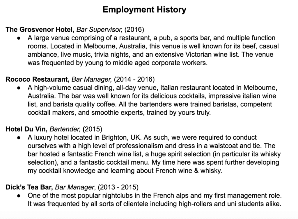 bartender resume employment history